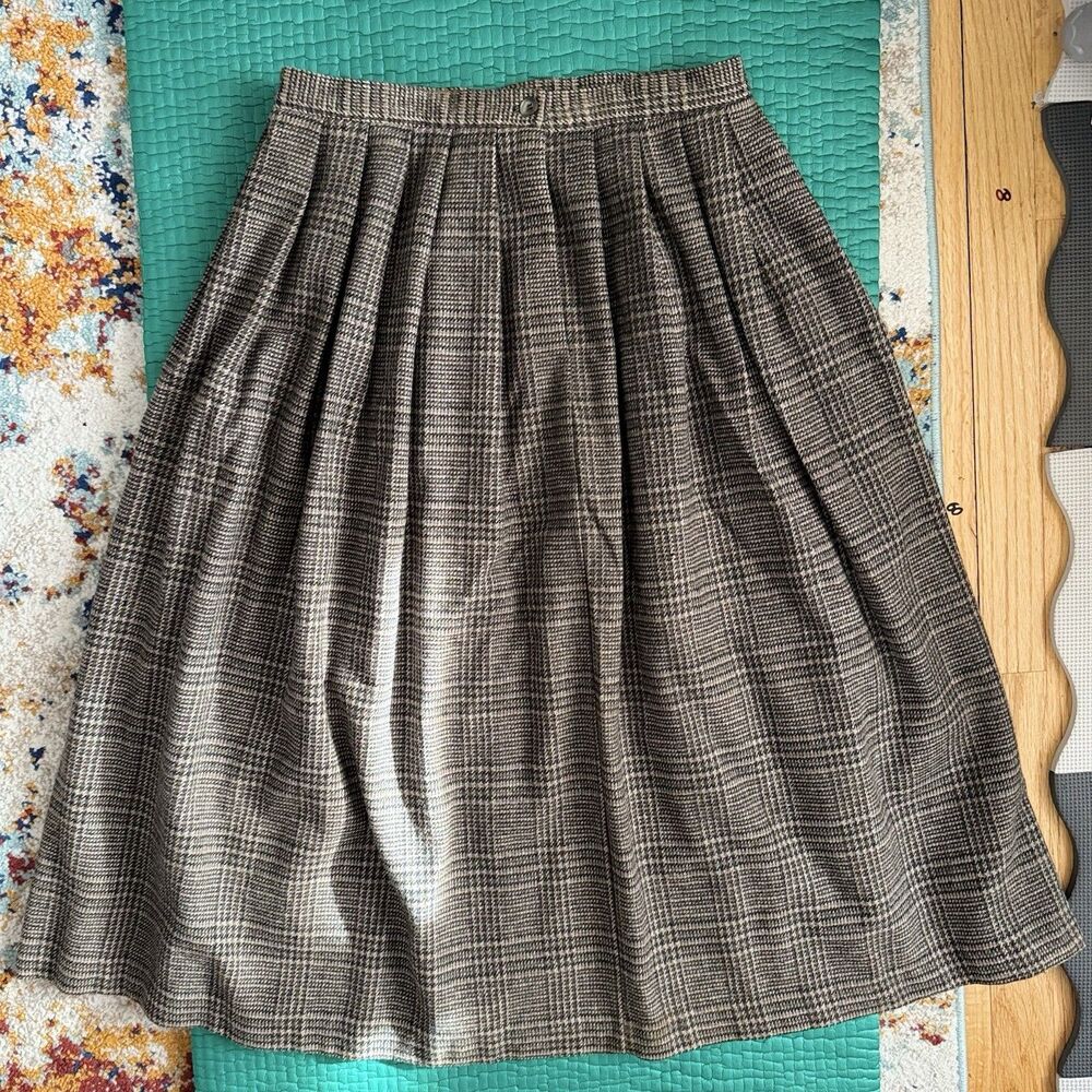 Vintage 70’s Meadowbank Plaid Beige Wool Midi Skirt Sz 14 Cottagecore Academia
